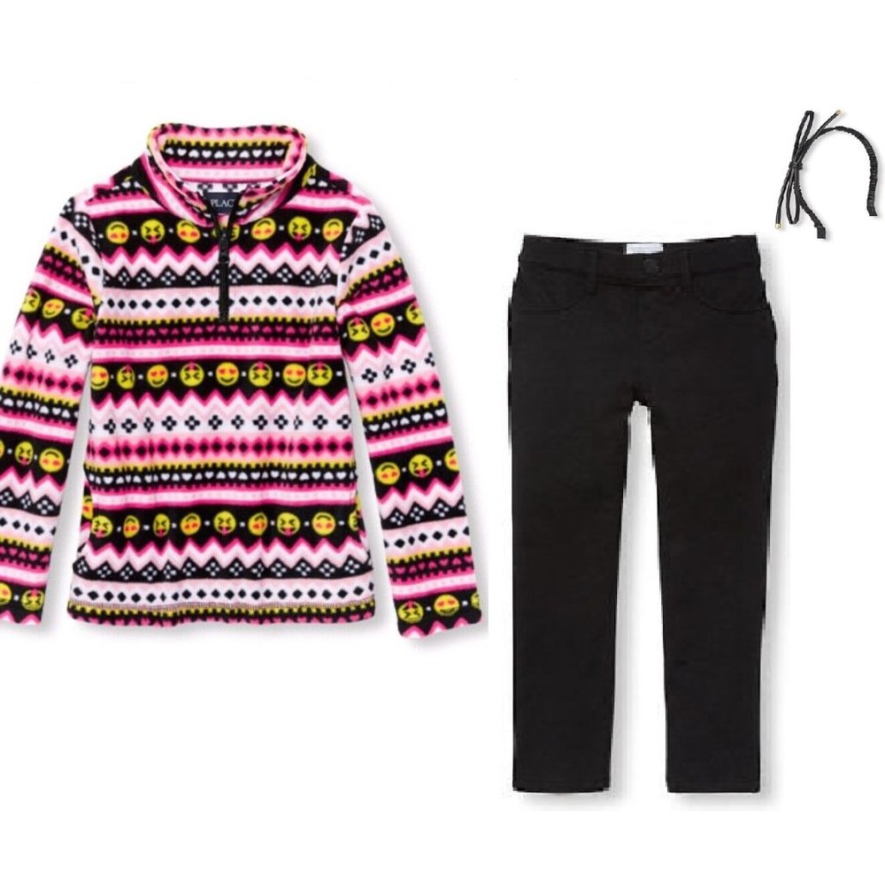 NEW The Children's Place 3pc Set Emoji Fleece Pullover, Black Jegging, Headband